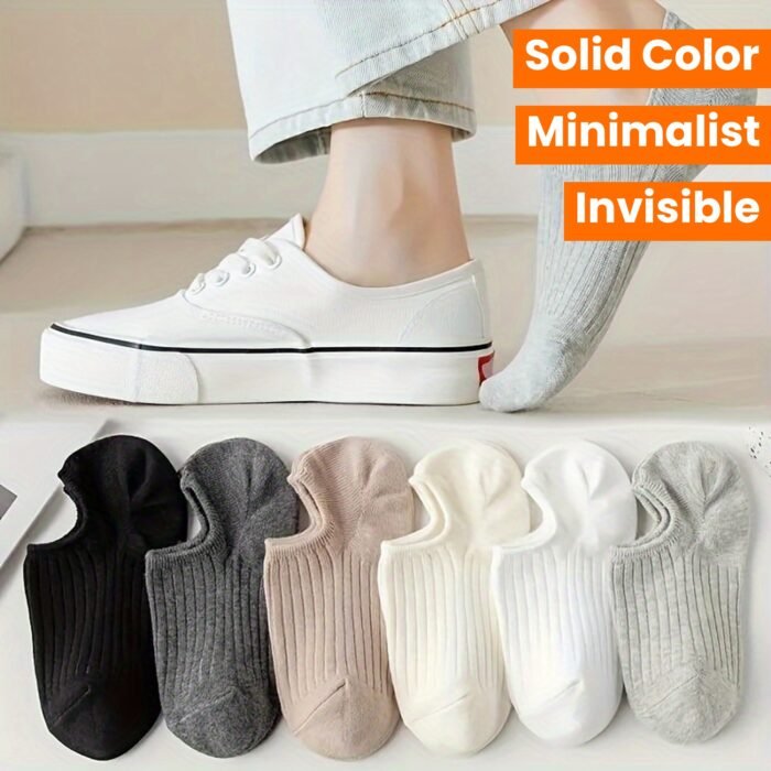 6 Pairs of Minimalist Solid Color Women's Invisible Boat Socks - Suitable for All Seasons - Image 9