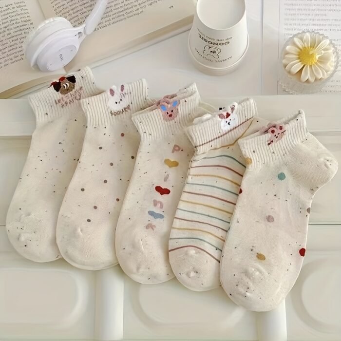 5 Pairs Spring Summer Bunny Rabbit Socks - Pastel Polka Dot & Striped Design, Soft Stretchy Polyester-Spandex Blend, Lightweight Breathable Casual Crew Socks for Women s, Machine Washable - Image 2