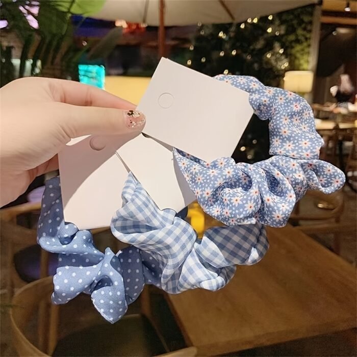 French Forest Summer Ocean Breeze Blue Polka Dot Hair Ties Set, Elegant Cute Fabric Scrunchies with Flower Prints, Sweet Floral & Dot Hair Bands, Academy Style for Ages 14+ - Pack of Multiple Hair Rings - Image 3