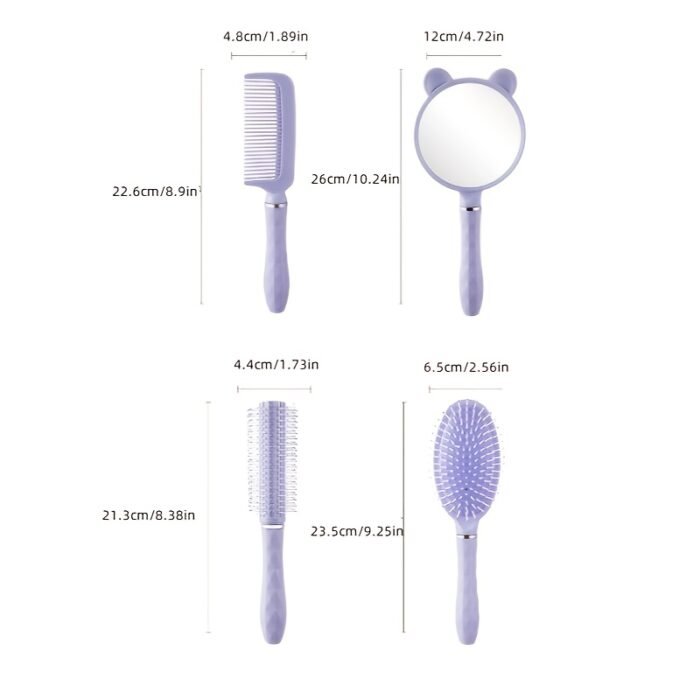 4pcs/set of high-looking cute comb set, mirror air cushion comb, roller comb, head massage comb, portable anti-static styling comb set, long hair curling student dormitory massage comb for women - Image 6