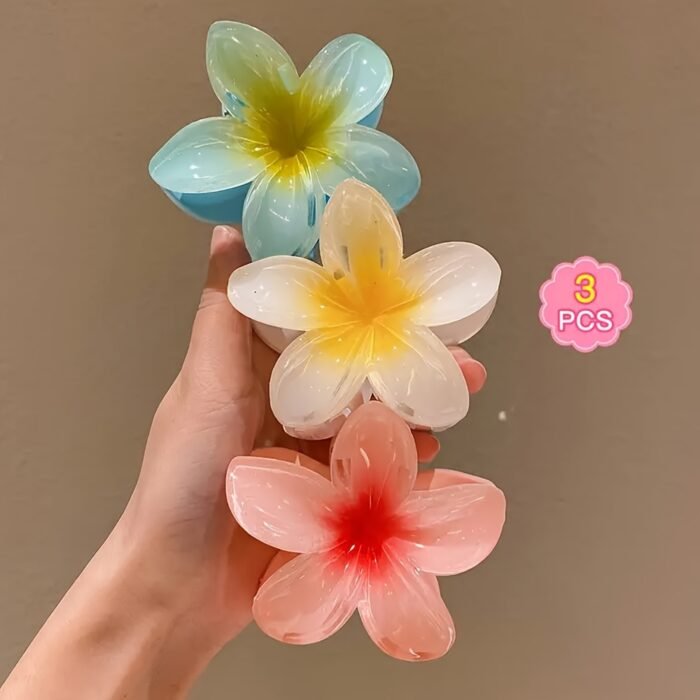 3pcs Sweet Plumeria Flower Hair Claw Clips, 3.15 Inch Large Non-Slip Grip, Vibrant Mixed Colors (Blue, Pink, Red) – Perfect for Party Hairstyles & Holiday Styling, Ideal Gift for Girls, Holiday Hair Decor | Trendy Hair Styling | Plastic Flower Clips, Hair Accessories - Image 2