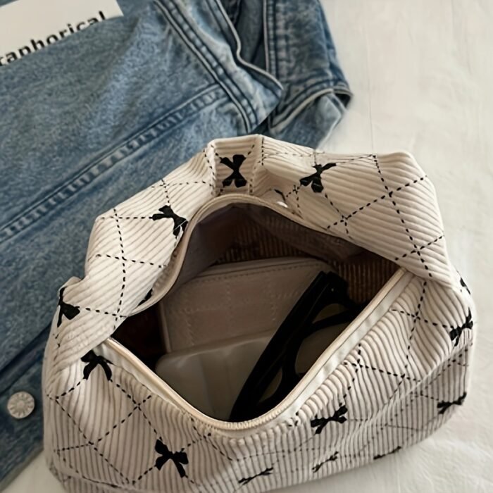 Women's Handbag and Wallet Sweet Plaid Bow Pocket Bag, Gray-White Autumn-Winter Corduroy Material, Niche Design, Large Capacity Underarm Casual Style, Japanese-Korean Backpack Trend, Minimalist Fashionable Tote Bag, Essential for Gifting, Holidays, Travel, and Outings - Image 11