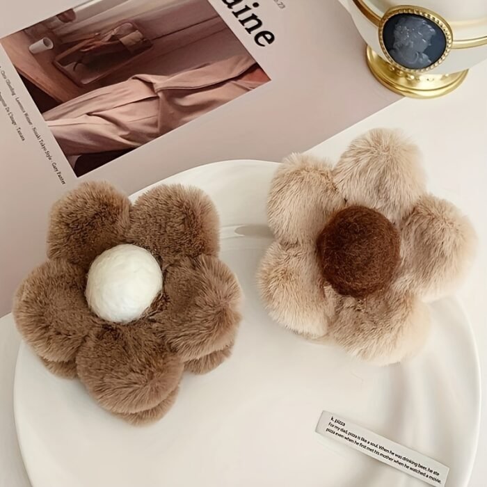 2pcs Plush Flower Hair Clips - Soft Fluffy Faux Fur Floral Hair Accessories for Women, Brown & Beige, Lightweight Non-Slip Hairpins for Everyday & Special Occasions, Accessories for Hair, Faux Fur Accessory - Image 6