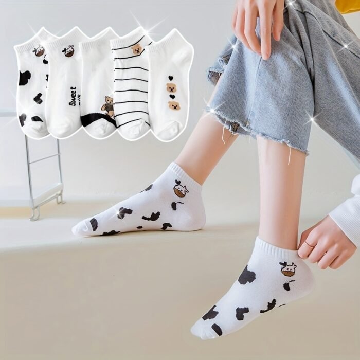 5 Pairs Mixed Color Animal Print Short Socks, 97% Polyester 3% Spandex, Breathable Sweat-Absorbent Knit Fabric, Comfortable Ankle Socks for Women - Image 13