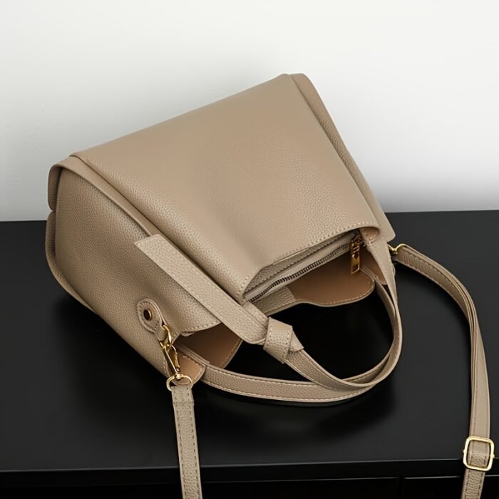 Lightweight PU Leather Fashion Shoulder Bag for Women - Adjustable Crossbody Handbag with Secure Zip Closure, Solid Color Design, Polyester Lining, Chic Bucket Style, Versatile Occasion Accessory, Baigou Crafted - Image 6