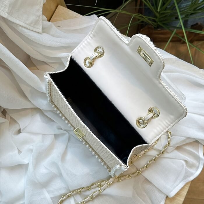 [Straw Shoulder Bag] Chic Woven Straw Women's Shoulder Bag | Fashionable Chain Crossbody Purse, Leather Lined, Turn-lock Closure, Summer Beach Vacation Accessory | Black/Yellow/Beige/Mixed Colors with Pearl Accents - Image 6