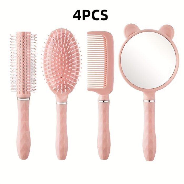 4pcs/set of high-looking cute comb set, mirror air cushion comb, roller comb, head massage comb, portable anti-static styling comb set, long hair curling student dormitory massage comb for women - Image 5