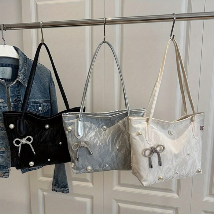 3 Colors Available Tote Bag - Black, Silvery, White Options with Multi-Element Premium Bow Women's Bag 20 New Styles for Students and Office Commuters' Fashionable Totes, Best Gift for Friends or Girlfriend - Image 3
