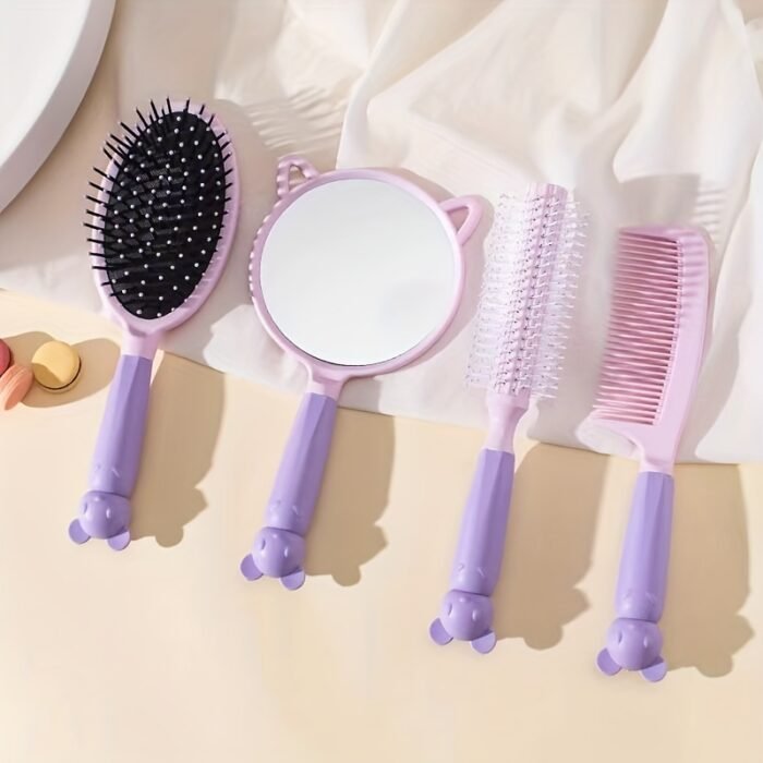 4-Piece Cute Bear Hair Comb Set with Air Cushion Brush, Finishing Comb, Round Curling Brush & Makeup Mirror - Ideal for Normal Hair Travel Essentials - Image 7