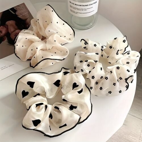 Elegant Mesh Hair Scrunchies with Black Polka Dot & Heart Design - Korean Style, Tassel Detail, Women'S Fashion Hair Ties for Valentine'S Day, Everyday & Special Occasions, Cute Hair Accessorie