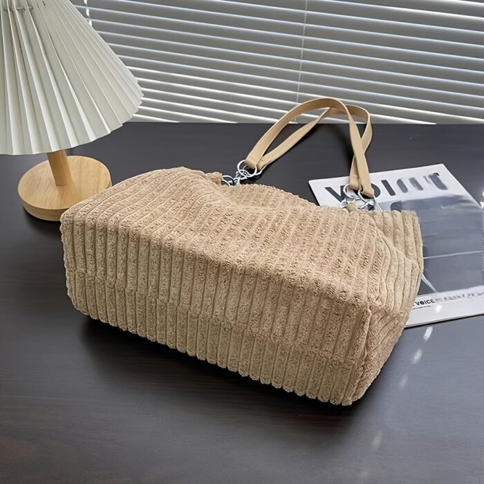 DISSEFA-TECH Corduroy Shoulder Bag for Women, Elegant Striped Tote with Removable PU Strap, Zipper Closure, Polyester Lined, Versatile for Daily Use and School - Ideal Valentine'S Gift - Image 2