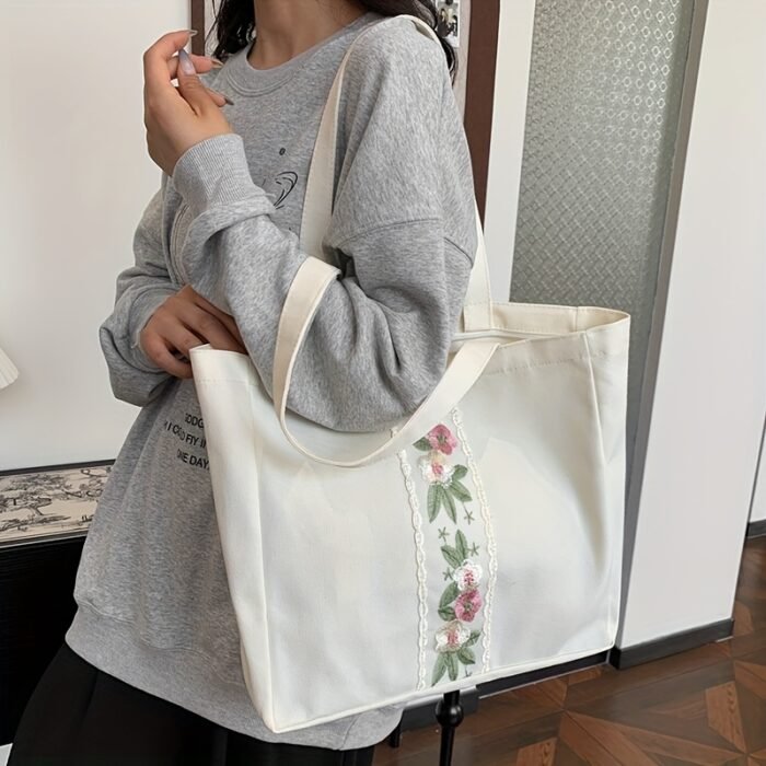 1pc Large Capacity Canvas Tote Bag - Fashionable White Shoulder Bag with Floral Embroidery, Durable Zippers, Ideal for Commuting, Travel, and, Commuting Bag|Floral Embroidery Bag|Durable Zippers - Image 11