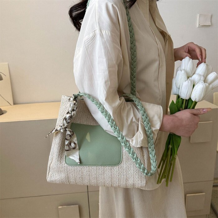 Women's Vintage Woven Tote Bag - Summer 2025 New Design, Large Capacity Crossbody Shoulder Bag with Decorative Tassel Handles & Zipper Closure, Light Brown/White/Green, Durable Fabric for Casual & Holiday Use, Casual Shoulder Bag | Braided Strap Bag | Zipper Closure Tote - Image 4