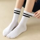 3 Pairs Striped Knee-Length Socks for Women - Breathable Polyester Knit Fabric, Casual Sport Style, Hand Wash/Dry Clean, Black/White/Grey
