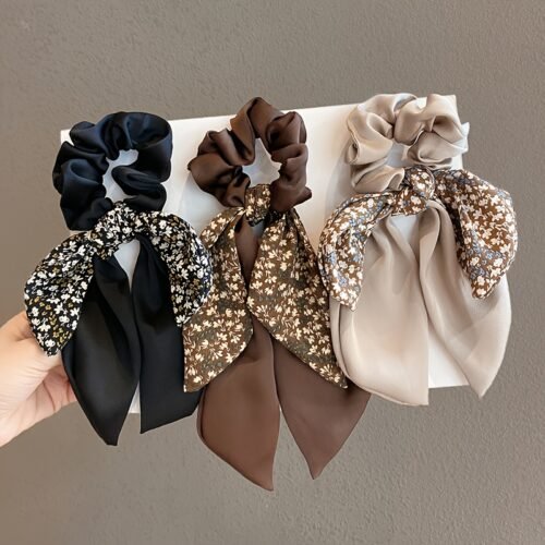 3pcs of Floral Ribbon Hair Bands, Double Layer Floral Hair Bands, Bow Temperament Elegant Senior Sense of Floral Ribbon, Fashion Head Ropes, Small Scarves, Fresh Sweet Ponytail Hair Accessories