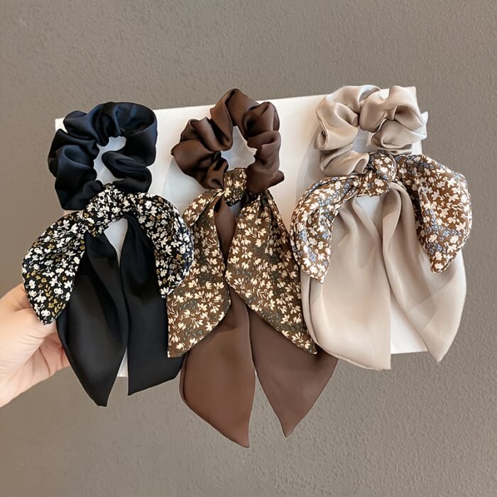 3pcs of Floral Ribbon Hair Bands, Double Layer Floral Hair Bands, Bow Temperament Elegant Senior Sense of Floral Ribbon, Fashion Head Ropes, Small Scarves, Fresh Sweet Ponytail Hair Accessories
