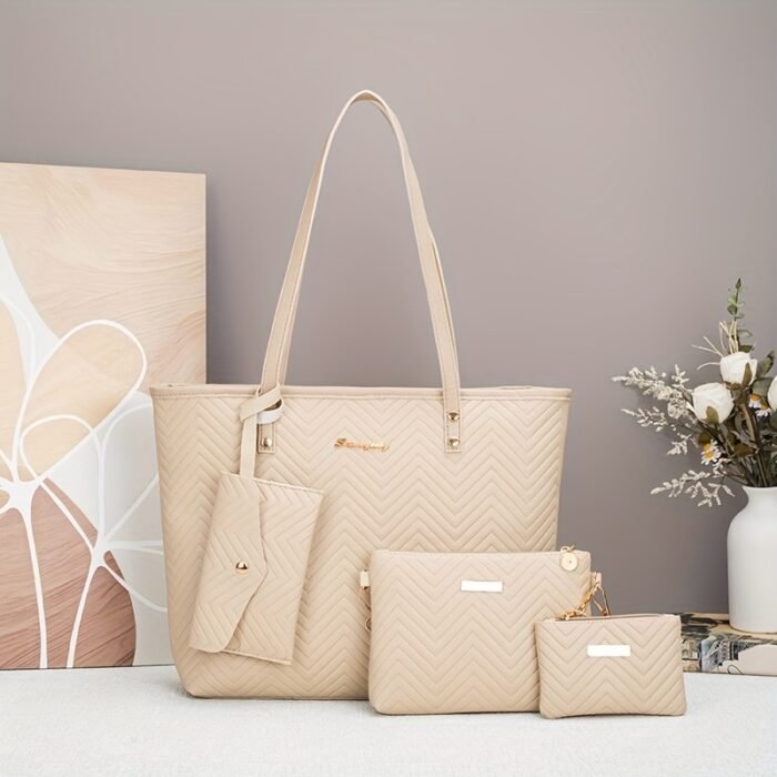 4pcs Fashion Simple Tote Bag Set for Women, Basics Style, Double Handles, Zipper Closure, Polyester Lining, Material, with Daily Commute Occasion, Dry Clean Only, Do Not Wash - Image 9