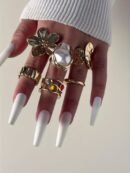6pcs set of fashionable and flower-set Rhinestone rings, metal geometric irregular opening ring sets suitable for parties and gifts for friends