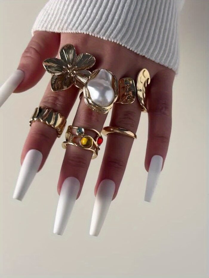 6pcs set of fashionable and flower-set Rhinestone rings, metal geometric irregular opening ring sets suitable for parties and gifts for friends - Image 8