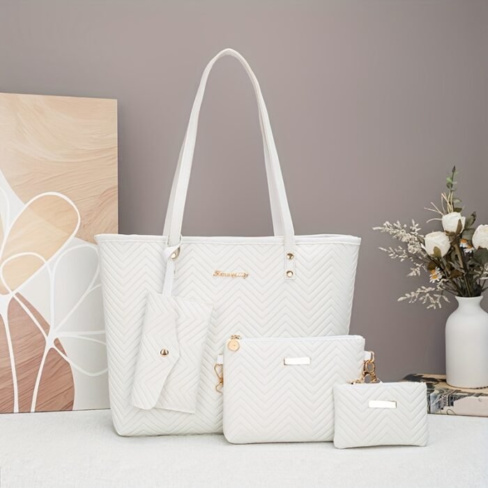 4pcs Fashion Simple Tote Bag Set for Women, Basics Style, Double Handles, Zipper Closure, Polyester Lining, Material, with Daily Commute Occasion, Dry Clean Only, Do Not Wash - Image 5