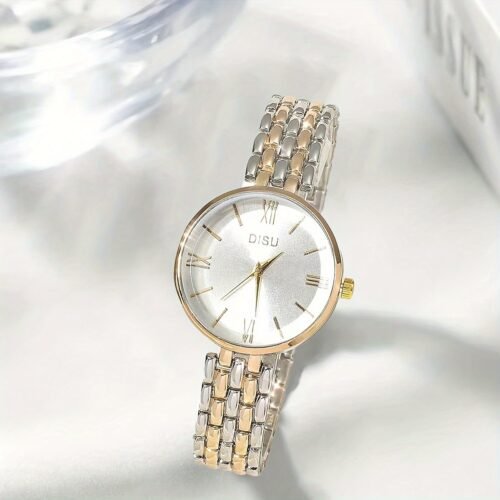 Elegant Women'S Quartz Watch with Roman Numerals, Zinc Alloy Strap, Golden-Tone Disc Case, and Minimalist Design - Perfect for Casual or Formal Wear, Ladies Watches