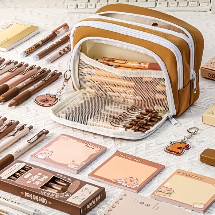 Charming Capybara-Themed Stationery Set - Elegant Light Brown Canvas Organizer with Zippered Pouch & Compartments, Ideal for Graduation & Birthday Gifts, Includes Markers, Pens, and Highlighters, Gift Bag Included, Capybara Accessories