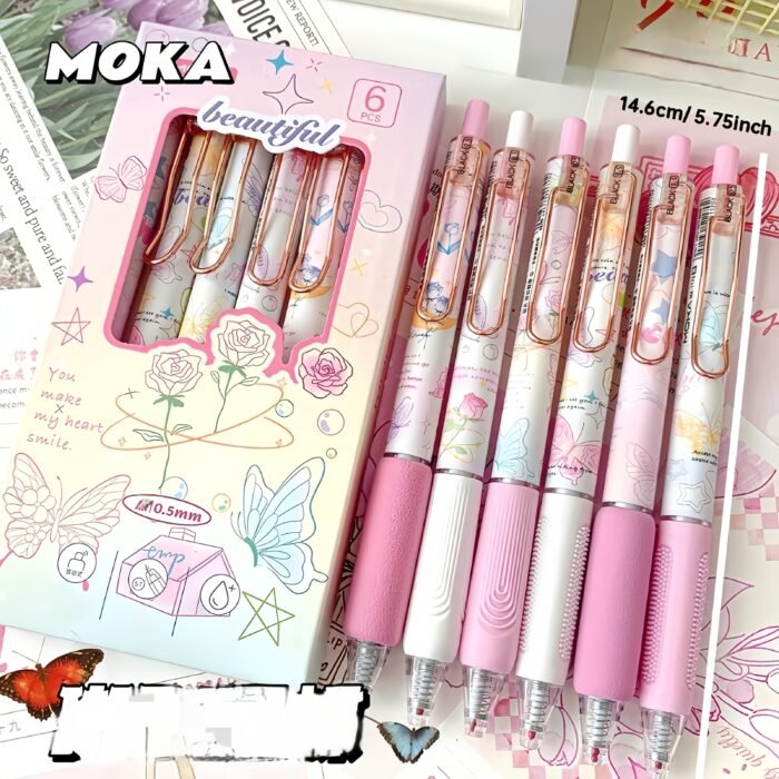 6-Pack Butterfly & Rose Flower Retractable Gel Pens, 0.5mm Fine Point, Black Ink, Durable Plastic, No Feathering, Ideal for School, Office, Home Stationery, Perfect Gift for Girls and Boys - Image 4