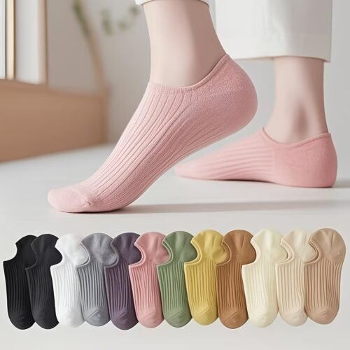 8 Pairs of Solid Color No-Show Socks for Women - Fabric, Machine Washable, Various Colors (Black, White, Gray, Pink, Green, Yellow, Beige), Fashion Socks|Minimalist Style|Stretchy Material
