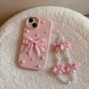 Pink Pearl Bow Phone Case with Soft Shell And Matching Bow Bracelet for Apple Iphone 11 11Promax 12 12Promax 13 13Pro 13Promax 14 14Pro 14Plus 14Promax 15 15Pro 15Plus 15Promax 16 16Pro 16Plus 16Promax