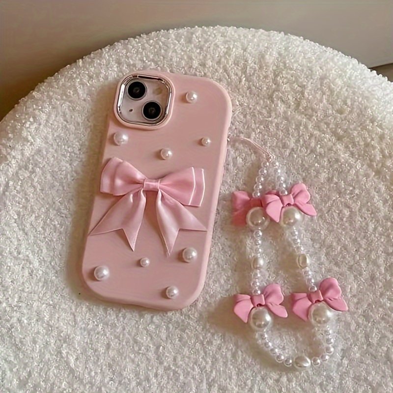 Pink Pearl Bow Phone Case with Soft Shell And Matching Bow Bracelet for Apple Iphone 11 11Promax 12 12Promax 13 13Pro 13Promax 14 14Pro 14Plus 14Promax 15 15Pro 15Plus 15Promax 16 16Pro 16Plus 16Promax