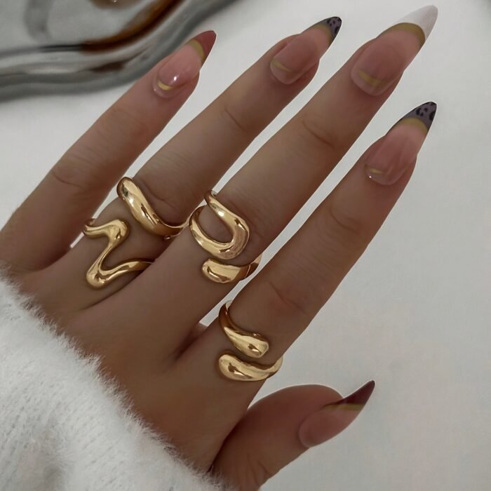 4pcs Set Retro Fashion Geometric Open Circle Liquid Asymmetrical Ring Set - Charming Jewelry for Women, Gold-Tone Alloy, Perfect for Parties & Daily Wear, Everyday Rings|Vintageinspired Rings|Open Circle Design, Rings for Women - Image 3