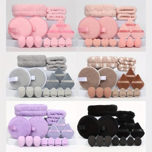 15pcs set of hair tie lazy puff. 2 face wash puffs & 3 makeup sponges & 3 triangular loose powder puffs & 4 mini air cushions & 1 headband & 2 wristbands. Facial sponge, used for daily exfoliation and cleansing, foam removal and facial scrubbing