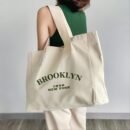 [Lightweight Design] Brooklyn 1989 NYC Tote Bag for Women - Large Capacity, Beige with Green Letter Print, Fixed Shoulder Straps, Hand Washable, Casual Everyday Use