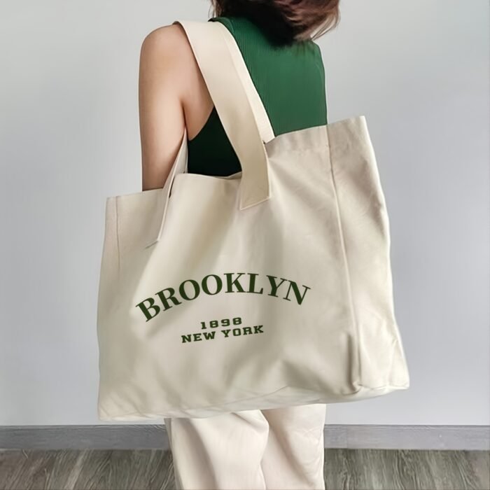 [Lightweight Design] Brooklyn 1989 NYC Tote Bag for Women - Large Capacity, Beige with Green Letter Print, Fixed Shoulder Straps, Hand Washable, Casual Everyday Use - Image 2