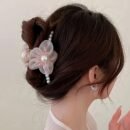 1pc Elegant Bohemian Floral Imitation Pearl Hair Clip for Women - Large Mesh Tulle Hair Claw with Imitation Imitation Pearl & Flower Design, Pink & Champagne Color-Blocked, Secure Hold for Updos, Weddings, Parties, All Hairstyles, Cute Hair Accessories, Wedding Hair Accessory, Versatile Hairpiece, Imitation Pearl Embellishments
