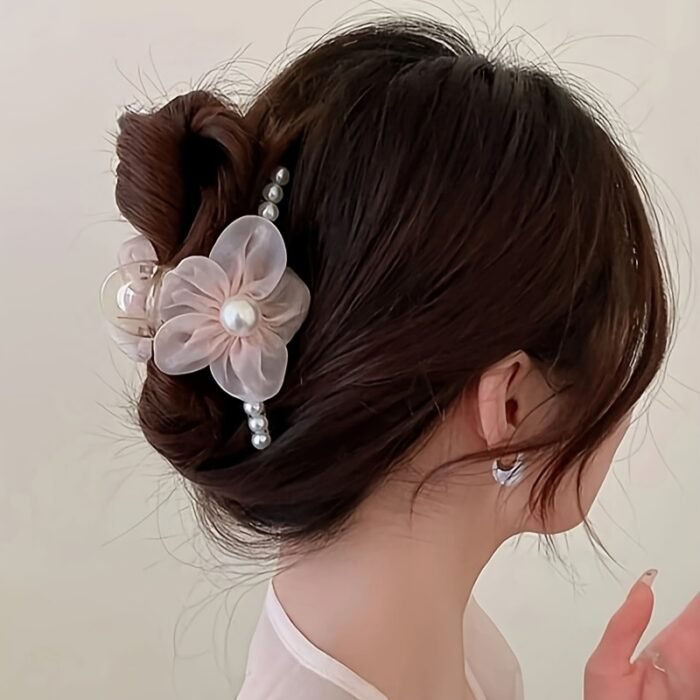 1pc Elegant Bohemian Floral Imitation Pearl Hair Clip for Women - Large Mesh Tulle Hair Claw with Imitation Imitation Pearl & Flower Design, Pink & Champagne Color-Blocked, Secure Hold for Updos, Weddings, Parties, All Hairstyles, Cute Hair Accessories, Wedding Hair Accessory, Versatile Hairpiece, Imitation Pearl Embellishments - Image 8