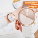 1pc Elegant Two-Tone Women'S Quartz Watch, Simple Style Shockproof Round Case, Synthetic Leather Strap, Analog Display - Non- Alloy Case with Button Battery