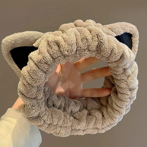 1pc Fluffy Head Band Lovely Kitten Ears Head Hoop Elastic Head Wear Water Absorbent Hair Wear For Face Washing Make Up Skincare