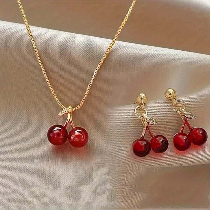 3pcs/set Fashionable and Luxurious Red Cherry Pendant Necklace and Earrings for Personalized Girls' Daily Wear, Party Accessories and Gifts