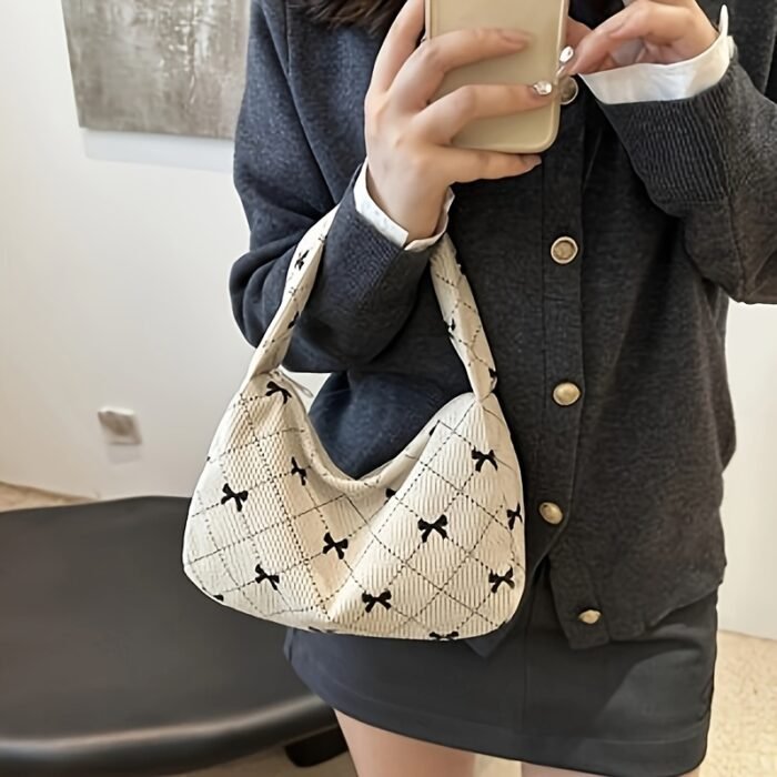 Women's Handbag and Wallet Sweet Plaid Bow Pocket Bag, Gray-White Autumn-Winter Corduroy Material, Niche Design, Large Capacity Underarm Casual Style, Japanese-Korean Backpack Trend, Minimalist Fashionable Tote Bag, Essential for Gifting, Holidays, Travel, and Outings - Image 9