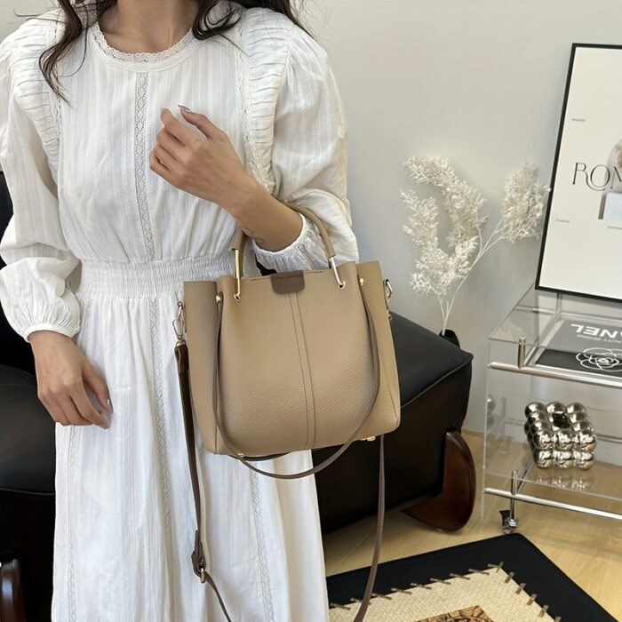 Women's Elegant Bucket Shoulder Bag with Detachable Strap - Lightweight Spacious Handbag for Daily Commute, Business & Vacations, Zipper Closure, Khaki/Beige/Pink/Black, Perfect Gift for Mother’s Day, Christmas, Valentine’s, Crossbody Purse, Vacation Handbag, Smooth Texture Purse - Image 2