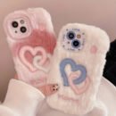 Smudged Double Buckle Love Gradient Color Mobile Phone Case, Suitable for Apple 16/15 Pro Max/15 Pro/15/15Plus/14 Pro Max/14 Pro/14Plus/14/13 Pro Max/13 Pro/13 /12 Pro Max/12 Pro/12/11Pro Max/11 Couple Plush Embroidery Mobile Phone Protective Case