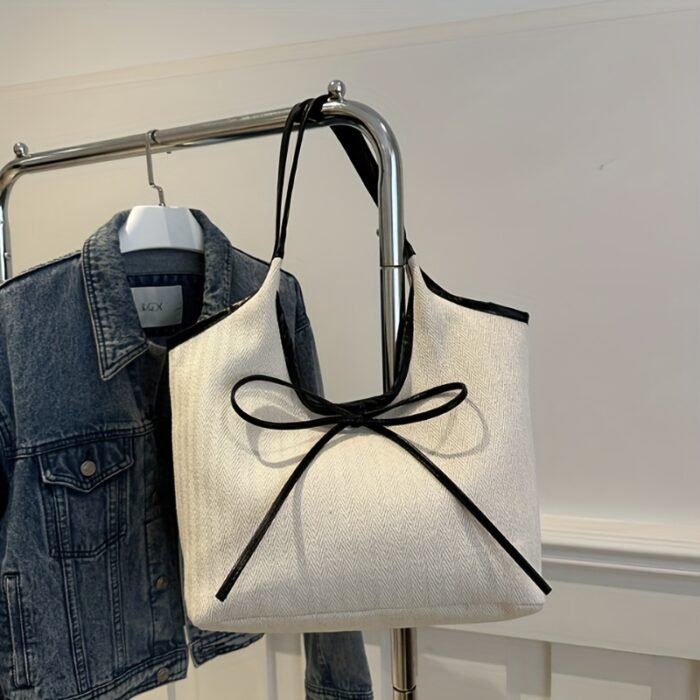 Elegant Black & Beige Shoulder Bag with Bow Accent - Durable Hemp Material, Stylish Black Handles & Bow, Perfect for Commuting, Work, Travel, and Shopping - Ideal Valentine'S Day Gift, Everyday Tote Bag|Stylish Shoulder Bag|Durable Handle Bag, Tote Bag - Image 10