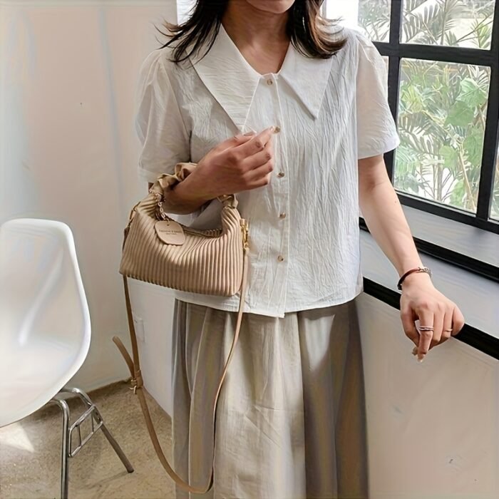 Striped Handbag for Women - Stylish Urban Shoulder Bag with Zipper Closure, Polyester Lined, Black, Perfect for Casual or Office Us - Image 9