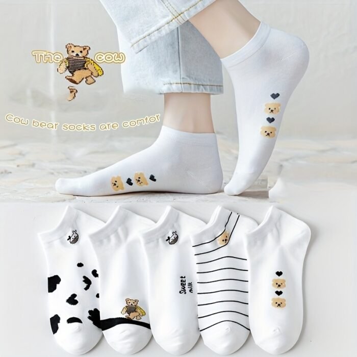 5 Pairs Mixed Color Animal Print Short Socks, 97% Polyester 3% Spandex, Breathable Sweat-Absorbent Knit Fabric, Comfortable Ankle Socks for Women - Image 9