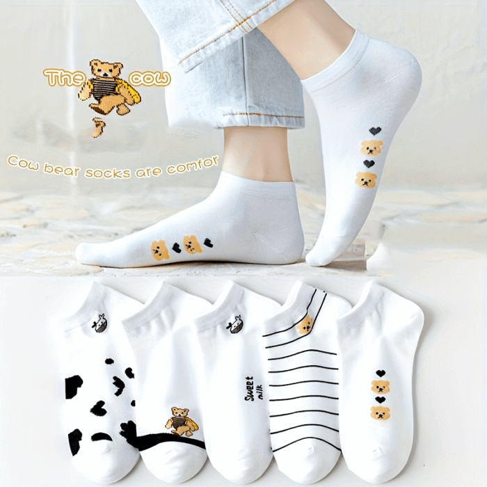 5 Pairs Mixed Color Animal Print Short Socks, 97% Polyester 3% Spandex, Breathable Sweat-Absorbent Knit Fabric, Comfortable Ankle Socks for Women - Image 7