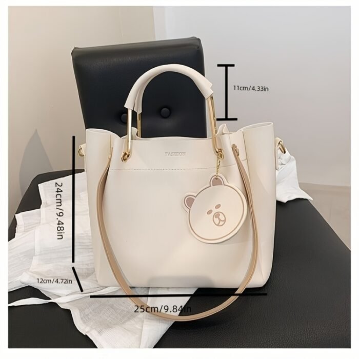 Stylish Large Capacity Women's Tote Bag - Versatile Shoulder & Crossbody Purse with Zipper Closure, PU Material, Cream Color, Golden-Toned Hardware, and Adorable Bear Charm, Crossbody Bag - Image 5