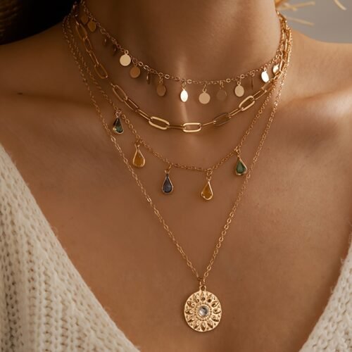 Vintage Geometric Layered Necklace for Women - Golden-Tone Multi-Strand Chain with Teardrop & Round Pendants, Elegant Party Jewelry Gift for Birthdays, Anniversaries, Special Occasion Jewelry, Sophisticated Accessory
