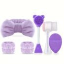 6pcs/Set Facial Cleaning Tools - Including Portable Hair Band + 2 Wristbands, Silicone Cleansing Brush, Ultra-Fine Bristles, Face Wash + Double-Headed Mask Brush - Face Wash Puff - Makeup Remover Puff - Travel Portable Face Wash Set - Suitable for Home Beauty Routines, Outdoor Travel Use