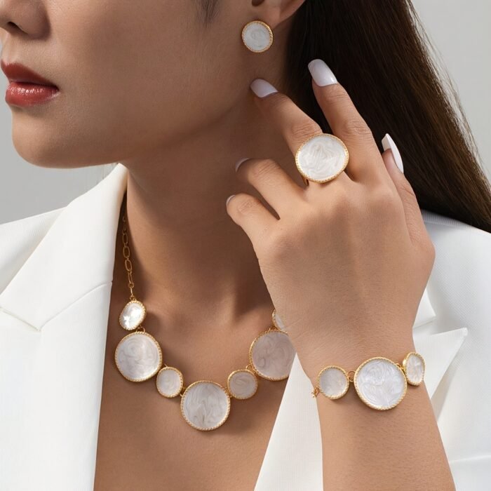Four-Piece Women's Jewelry Set: Pure White Geometric Pendant Necklace, Bracelet, Ring, and Earrings - Image 2